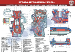 Плакат "Поперечный разрез двигателя ЗМЗ-40522. Газораспределительный механизм"